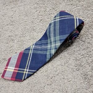Redwood & Ross Mens Plaid Necktie Navy Blue Red Cotton Hand Woven Homespun